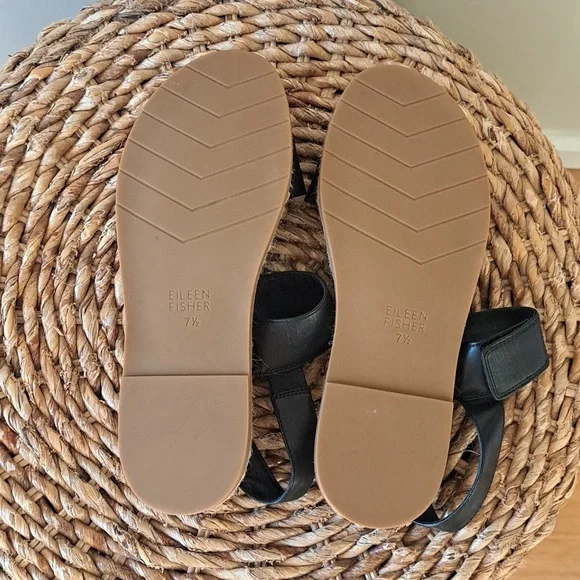 Eileen Fisher Womens Max Black Leather Washed Espadrille Flat Strap Sandals 7.5 - Picture 7 of 8
